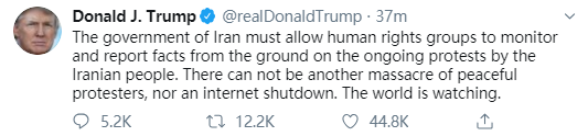 环球网■伊朗出现反政府示威，特朗普挺示威者：我站在你们这一边
