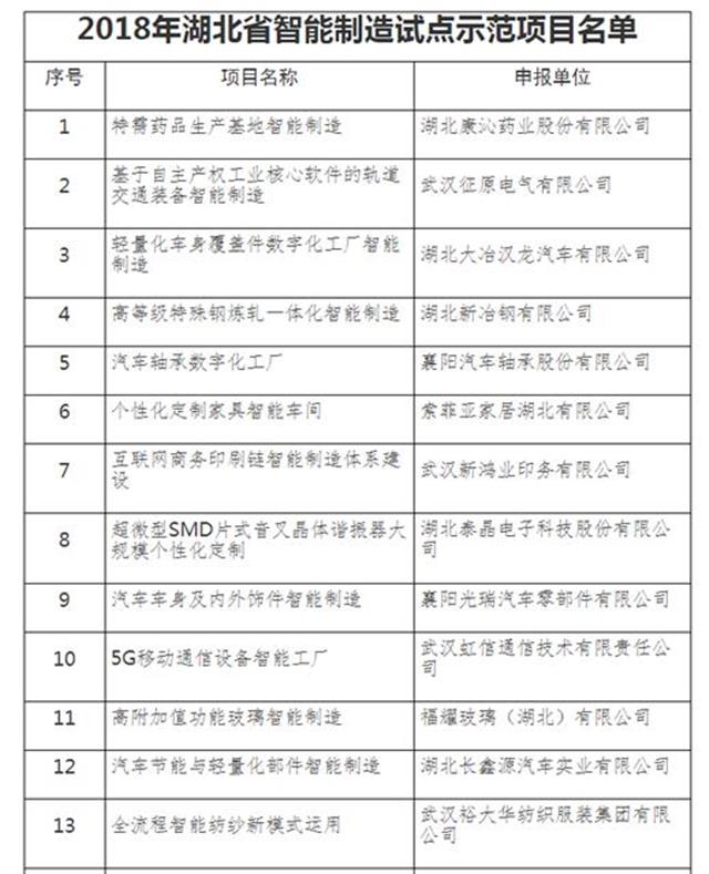 2018湖北省智能制造试点示范项目出炉 31家企业榜上有名