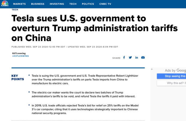 特斯拉不满对华高额关税 强势起诉特朗普政府