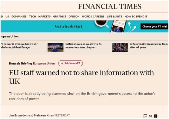 #环球网#脱欧前欧盟就警告员工:不要与脱欧后英国共享信息