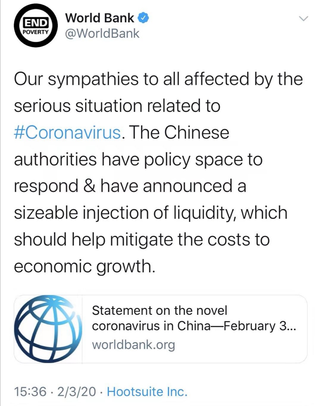 「中国日报网」世界银行：中国政府有政策空间应对疫情