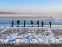 哈尔滨：松花江上采冰忙