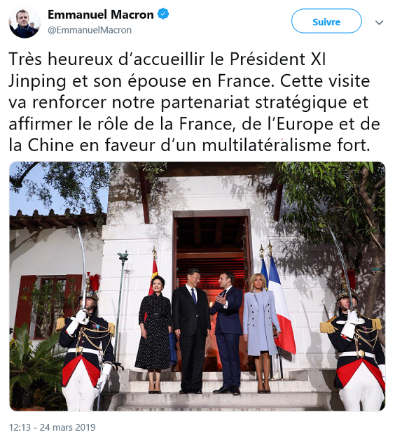 法国总统马克龙发推文：非常高兴能够迎接习近平主席夫妇到访