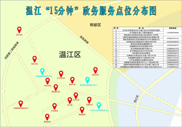 温江区"15分钟"政务服务点位分布图(温江区行政审批局 供图)