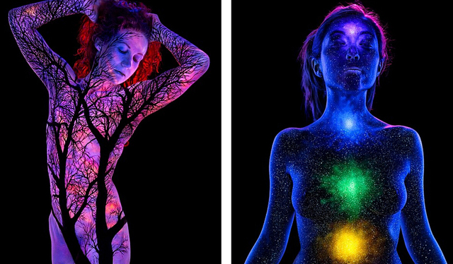 美国艺术家用荧光在裸体女模身上作画