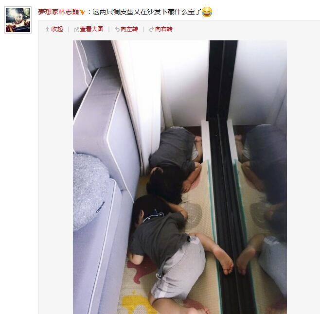 林志颖双胞胎儿子又调皮了 趴地“寻找”滑稽可爱