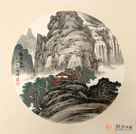 家装小品画 林德坤新品斗方山水画《瀑鸣家山》    作品来源:易从网