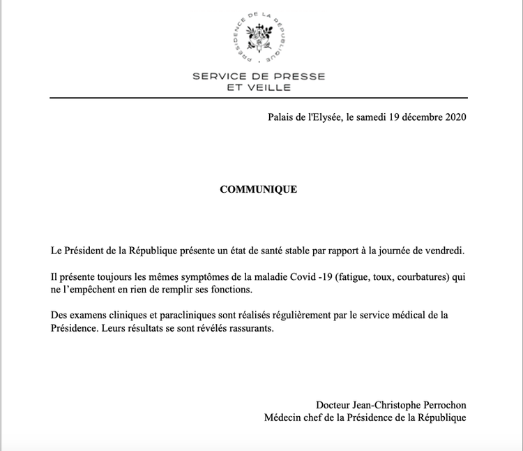 法国爱丽舍宫发布新闻公报：总统马克龙病情稳定
