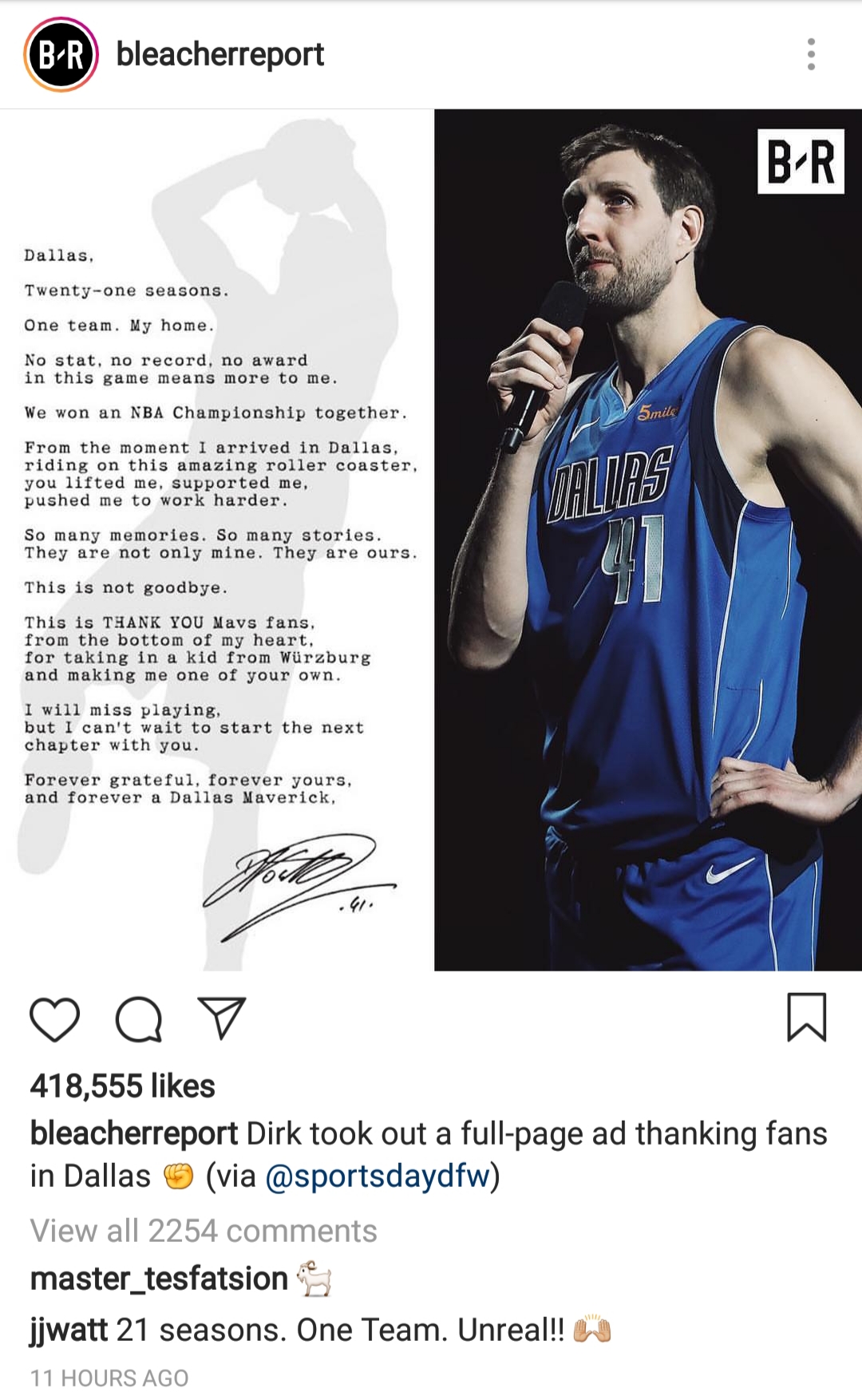 催泪！NBA巨星诺维茨基退役后发亲笔信感谢球迷