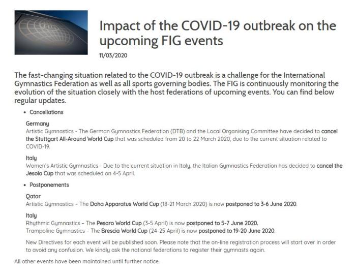 中新网■国际体联宣布多项赛事延期或取消 奥运备战时间被压缩