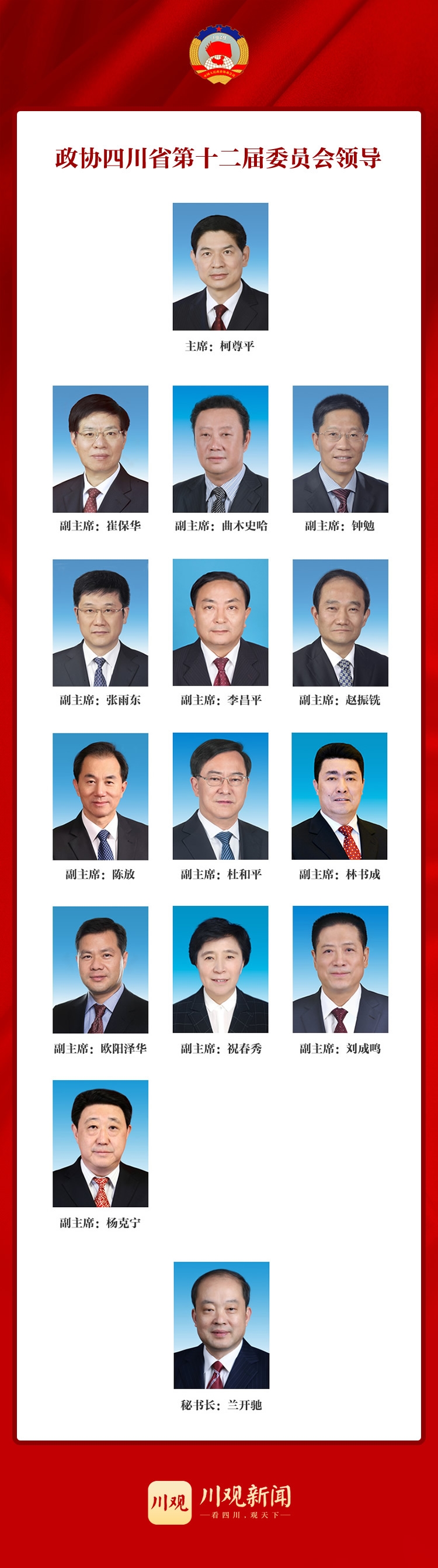 （转载）政协四川省第十二届委员会主席、副主席、秘书长