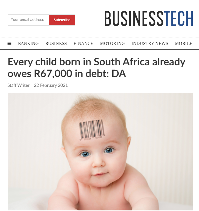 南非反对党:南非婴儿一出生就背负6.7万兰特的债务