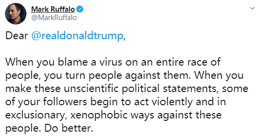 环球网@“绿巨人”浩克发推批评特朗普说“中国病毒”：反科学政治言论，煽动敌视