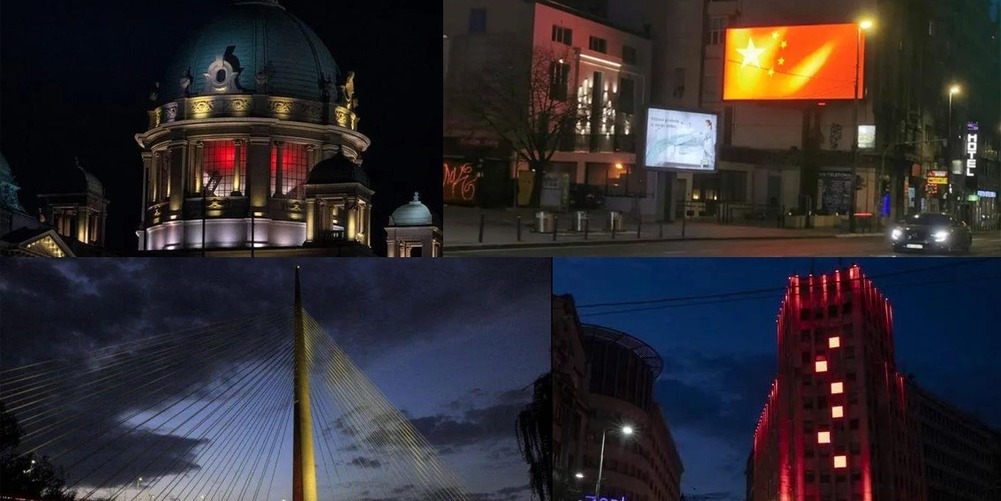 Beograd zahvaljuje Kini na pomoći, mostovi i zgrade u crvenoj boji Beograd zahvaljuje Kini na pomoći, mostovi i zgrade u crvenoj boji