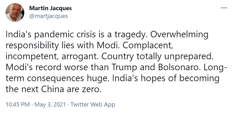 马丁·雅克发推:印度新冠大流行是场悲剧,它成为“下一个中国”的希望是零