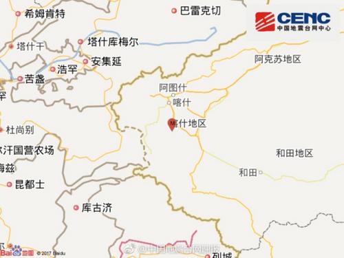 新疆阿克陶县发生3.8级地震 震源深度10千米