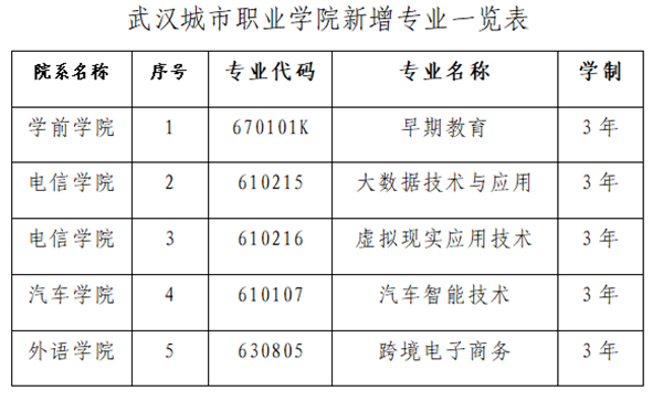 OK【湖北】武汉城市职业学院2020年新增5个专业