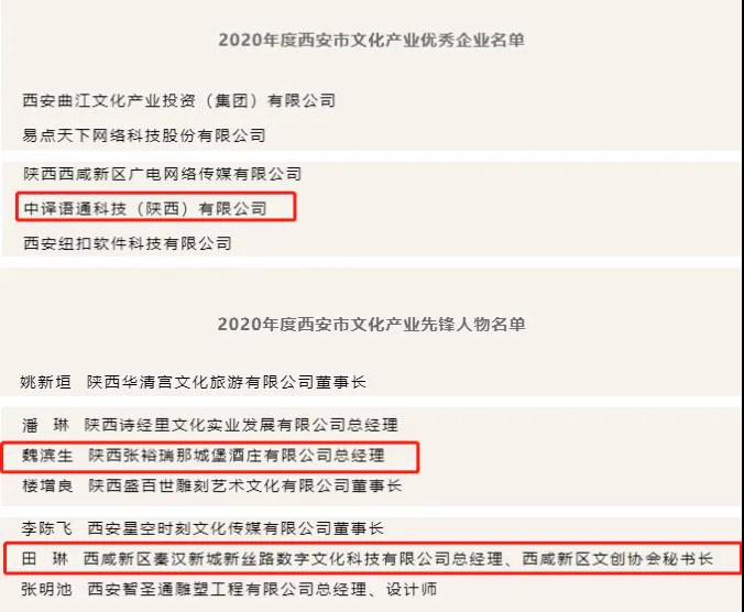 （转载）西咸新区秦汉新城上榜2020年度西安市文化产业优秀企业和先锋人物名单