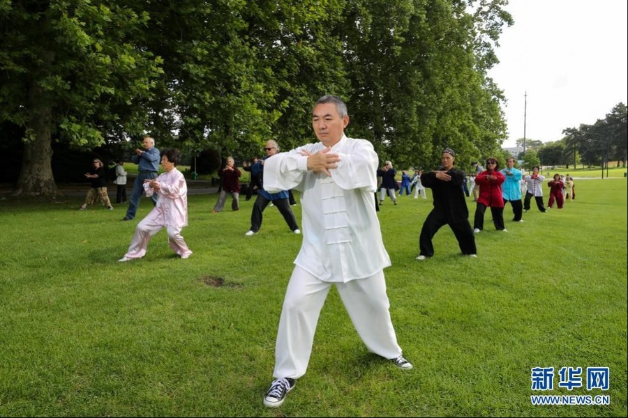 7月28日，人們在比利時布魯塞爾的拉肯公園練習太極。新華社記者 張鋮 攝