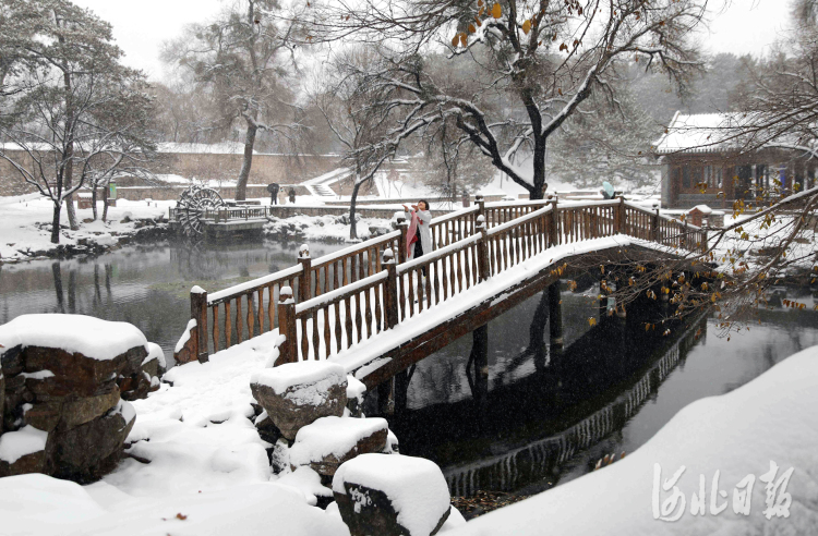 2021年11月7日,游客在承德避暑山庄欣赏雪景.通讯员 刘环宇 摄