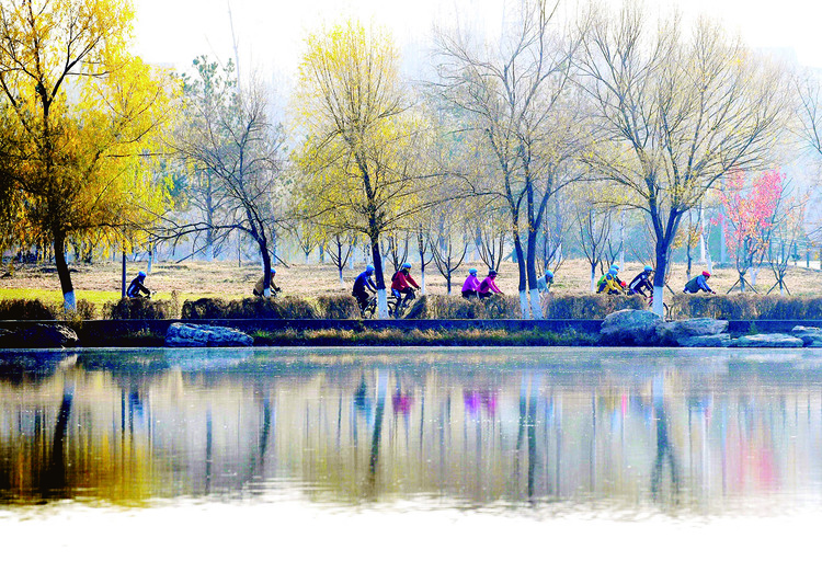 长春伊通河畔：自行车爱好者组队在城市绿道上惬意骑行