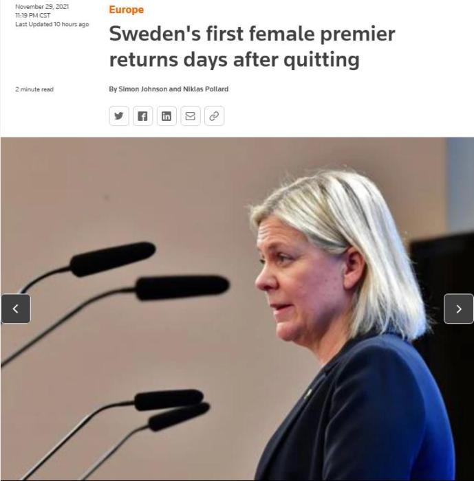 瑞典辞职女首相再次当选 5天前曾“闪电辞职”