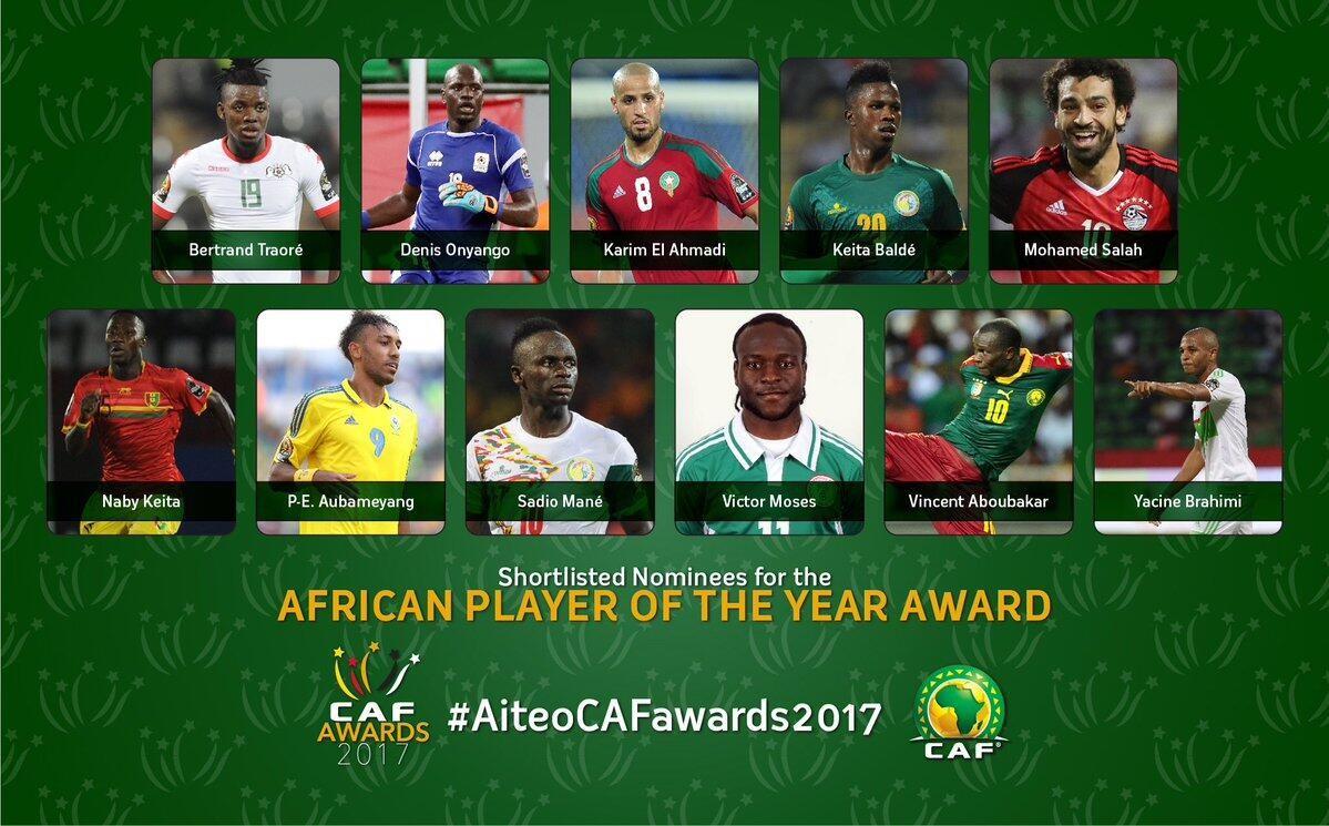 非洲足协公布了2017年非洲足球先生的11人的候选名单
