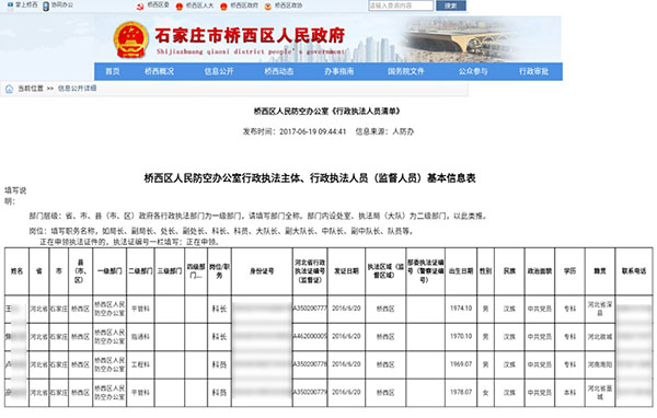 石家庄政府官网大面积泄露执法人员隐私 回应：已通知删除