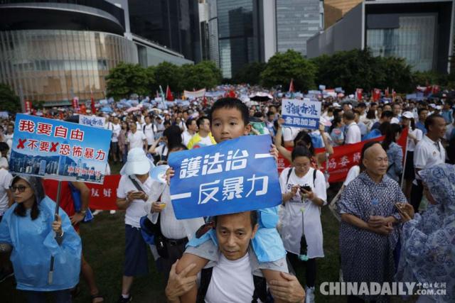 图片默认标题_fororder_7月20日，在香港添马公园举行的和平集会上，一个小男孩举着写有“护法制，反暴力”的标语。（图片来源：中国日报）