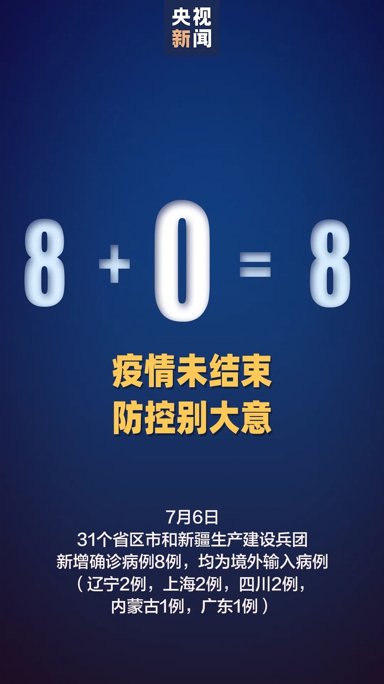 国家卫健委：6日新增确诊病例8例 均为境外输入病例