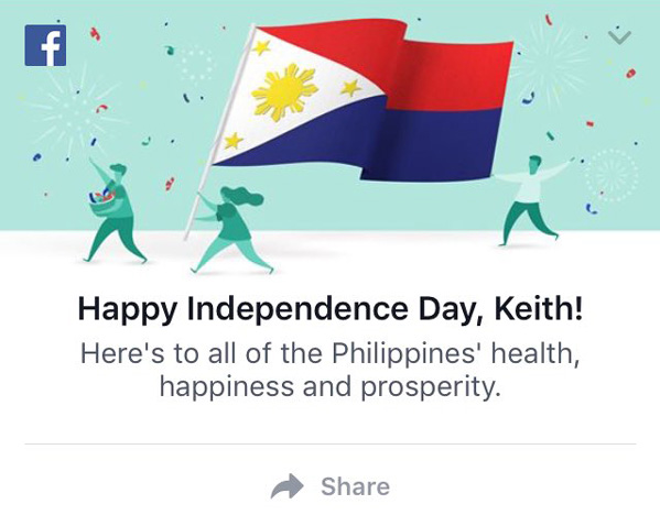 Facebook祝贺菲国庆日闹乌龙 国旗上下颠倒（图）