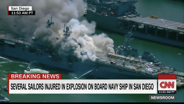 美军一两栖攻击舰在圣迭戈海军基地爆炸起火 至少21人受伤