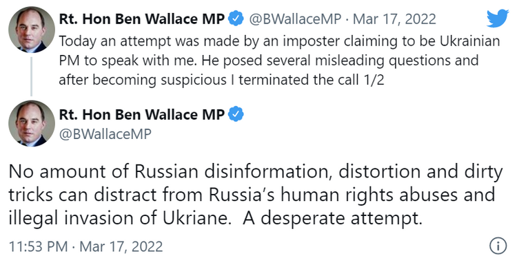 英国防大臣与“乌克兰总理”视频电话聊了10分钟，结果是假冒的