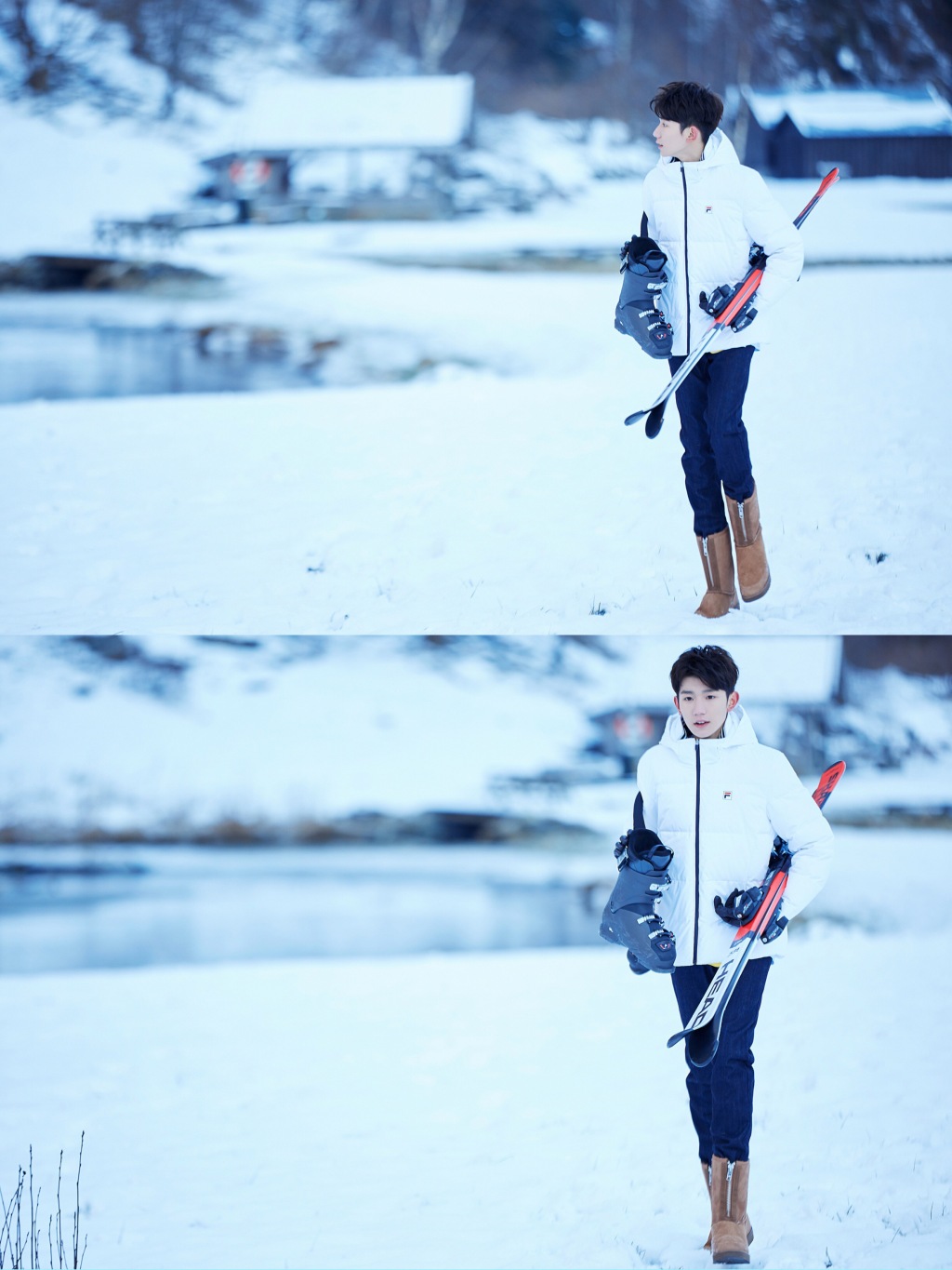 王源白色羽绒服雪中写真 冰雪之间尽显清朗少年气