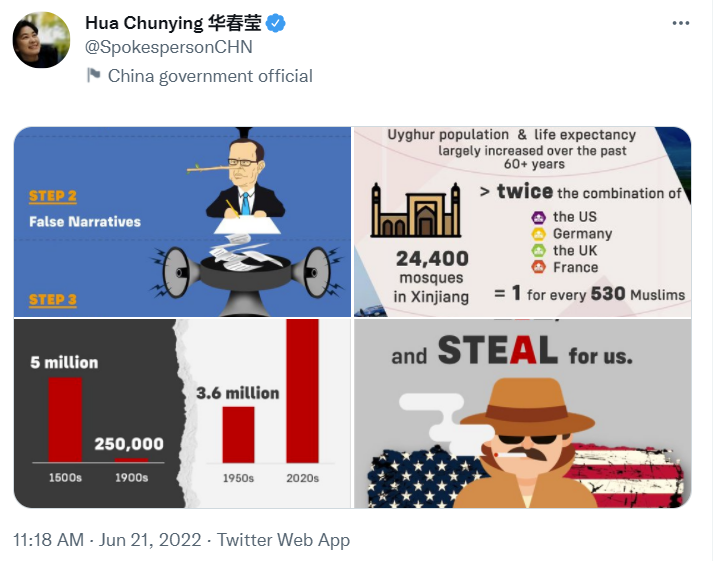美涉疆恶法今天生效，华春莹在推特上发布三组意味深长的图