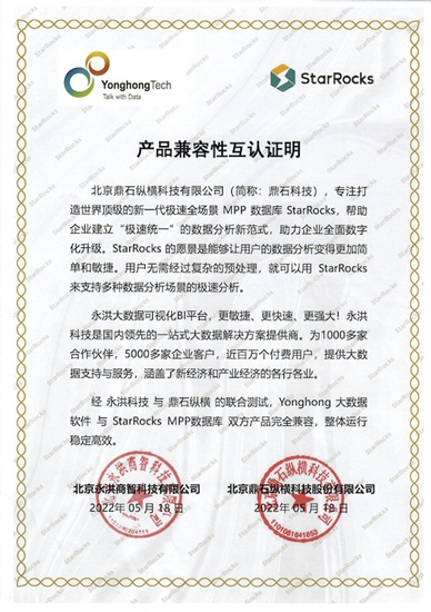 StarRocks与永洪BI完成兼容性认证，助力企业建立“极速统一”数据分析新范式