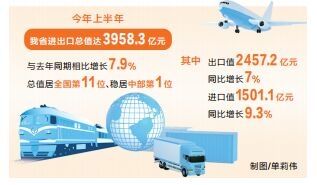 上半年河南省外贸总值同比增长7.9% 顺利实现“双过半”
