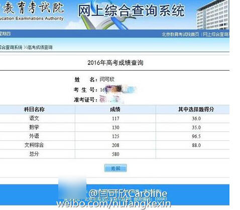 放上一张闫可欣的成绩单让你们感受一下.