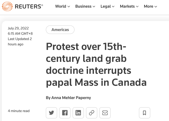 加拿大原住民抗议人士在罗马教皇面前拉开横幅，要求撤销“发现原则”