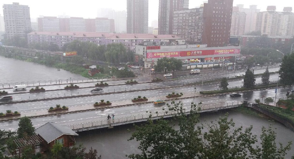 受强降雨影响,北京南三环洋桥旁边的凉水河暴涨,已经淹上两岸植被.