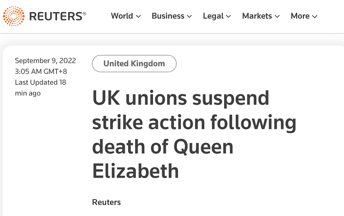 英媒：女王去世后，多个英国工会暂停罢工行动