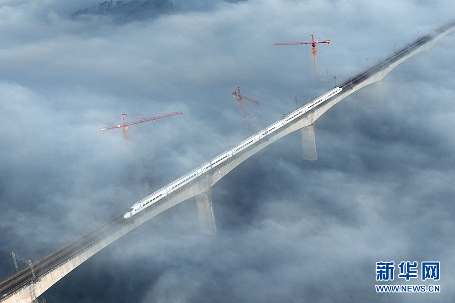 广西柳州：薄雾似轻纱缭绕 车辆如云中“漫步”