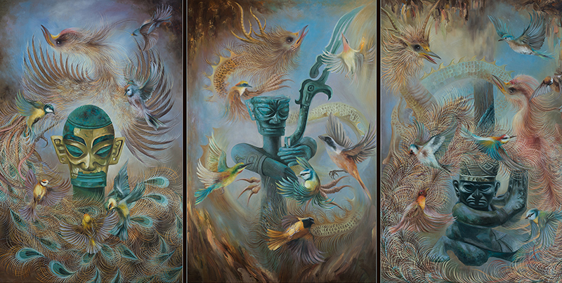 展古蜀文明恢宏神秘特质 游晓林油画集《古蜀华章——画述三星堆与金沙》惊艳首发_fororder_三星堆魂—山海经之源NO1(组画80CM-X-120CM-X3)