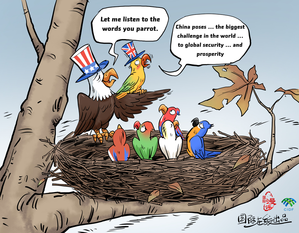 【Editorial Cartoon】UK parrots others’ words_fororder_英语