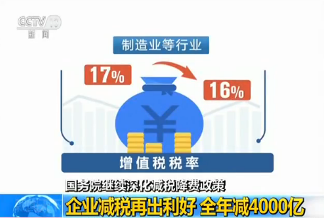 国务院继续深化减税降费政策：企业减税再出利好 全年减4000亿元