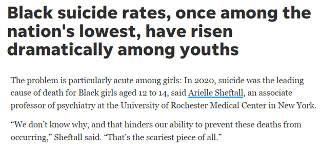 美国去年自杀率创新高 非洲裔儿童自杀率20年间飙升60%