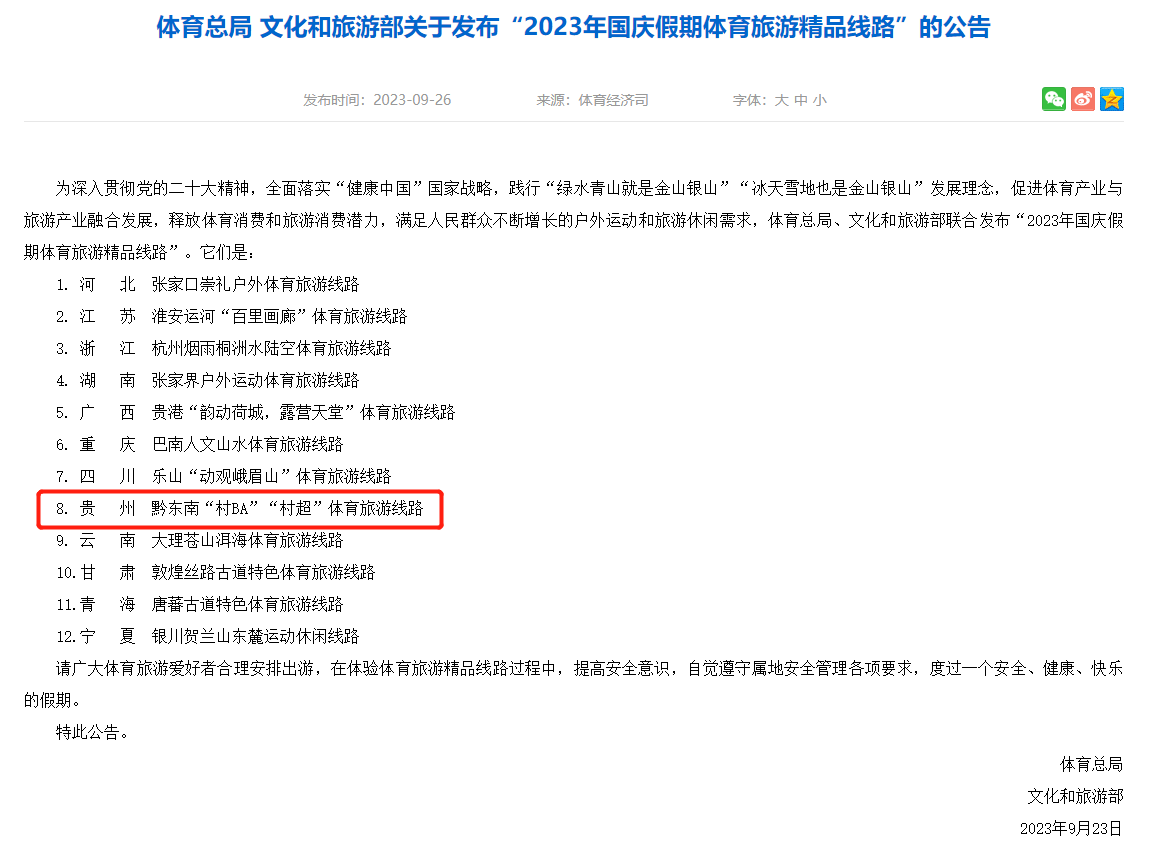 “村BA”“村超”又上榜!入选“2023年国庆假期体育旅游精品线路”