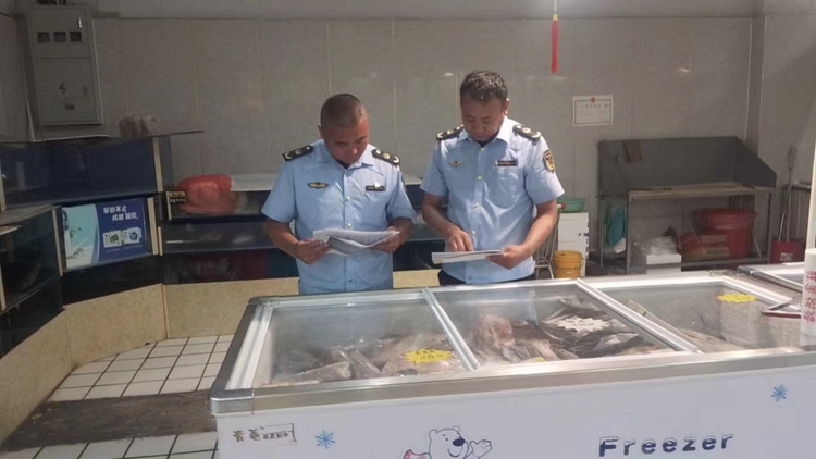 图片默认标题_fororder_满城区市场监管部门查看进口水产品台账 摄影 贾林静