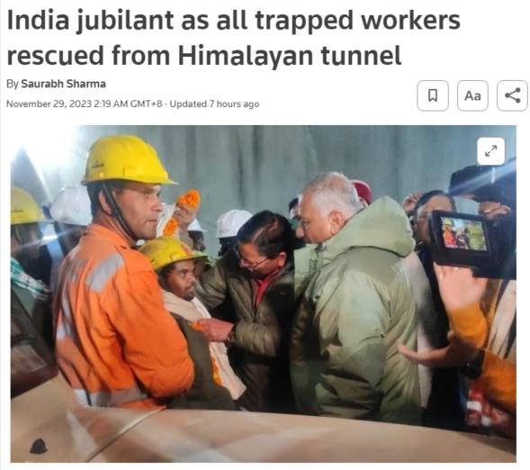印度北部地道坍塌第17天，41名被困工人一共解围