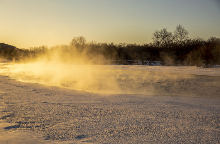 零下40度的湿地日出_fororder_晨雾弥漫的额尔古纳湿地。（摄影：才广）